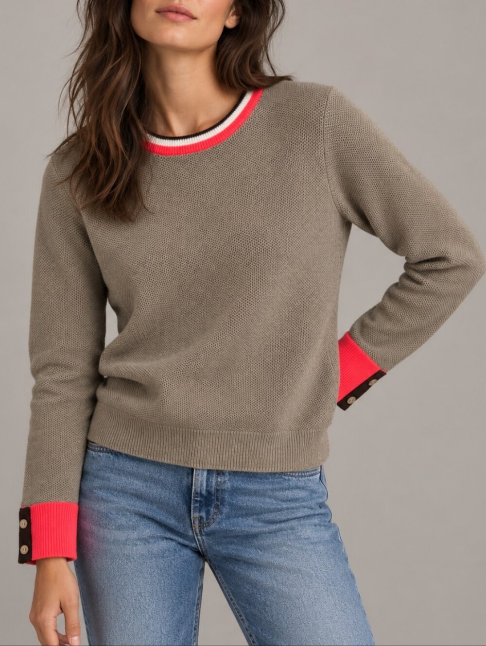 Lisa Todd Cotton Cashmere Crewneck Sweater Neon Pink Trim Womens Size Medium